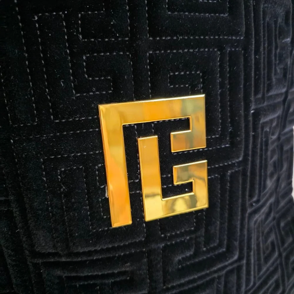 Balmain Large Black Velvet Quilted Tote Bag Gold Logo